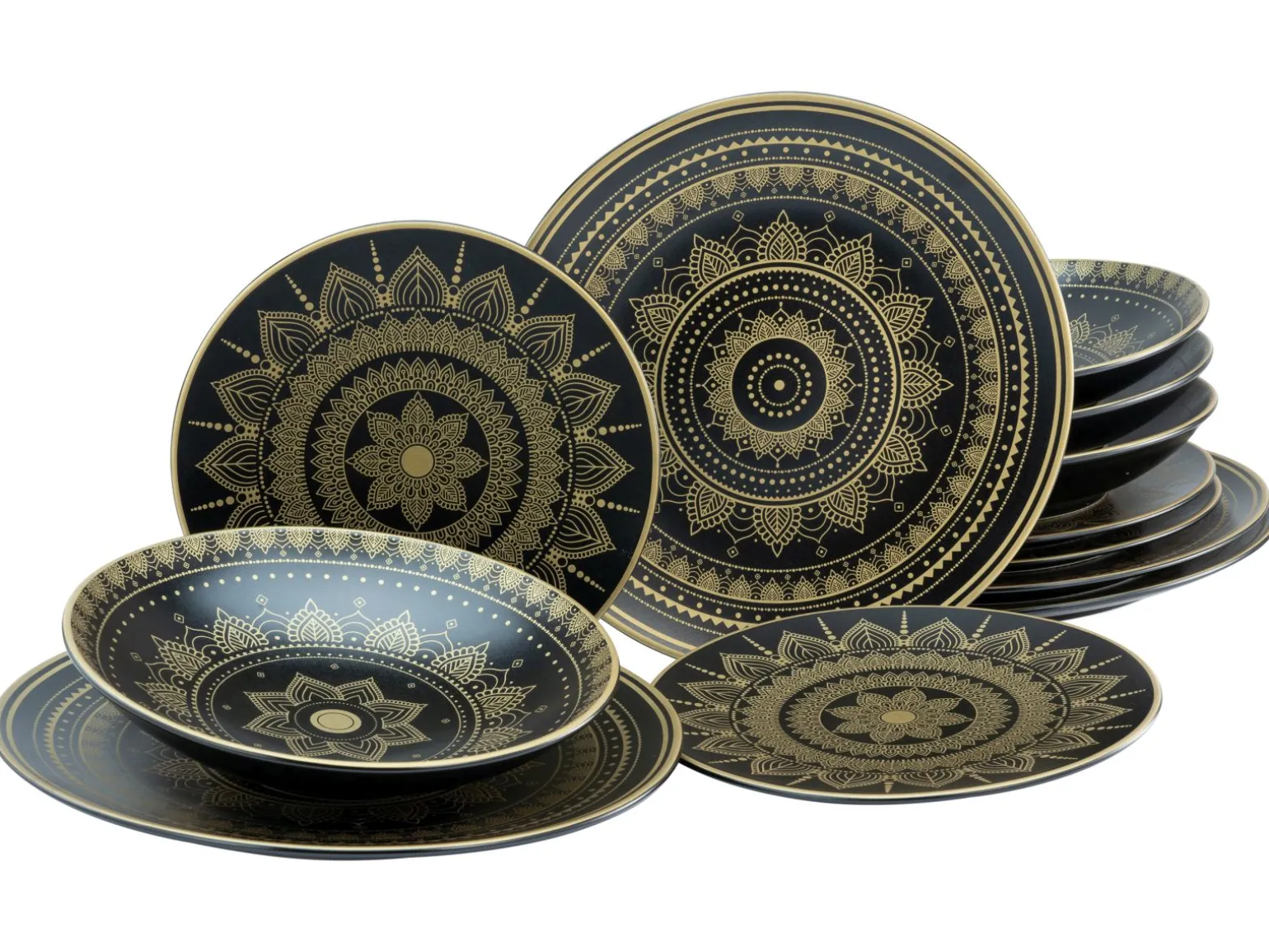 Mandala - Tellerset 12-tlg - Gold-Schwarz